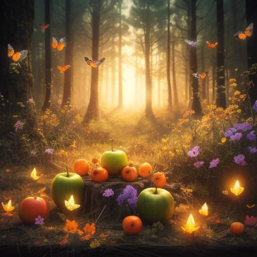 Surreal Forest HDRI Photograph with Glowing Fruits