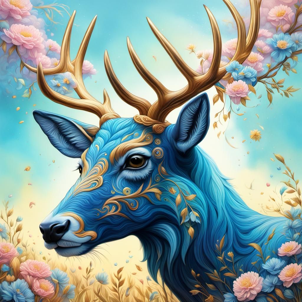 Giant Blue Spirit Deer with Floral Blossoms