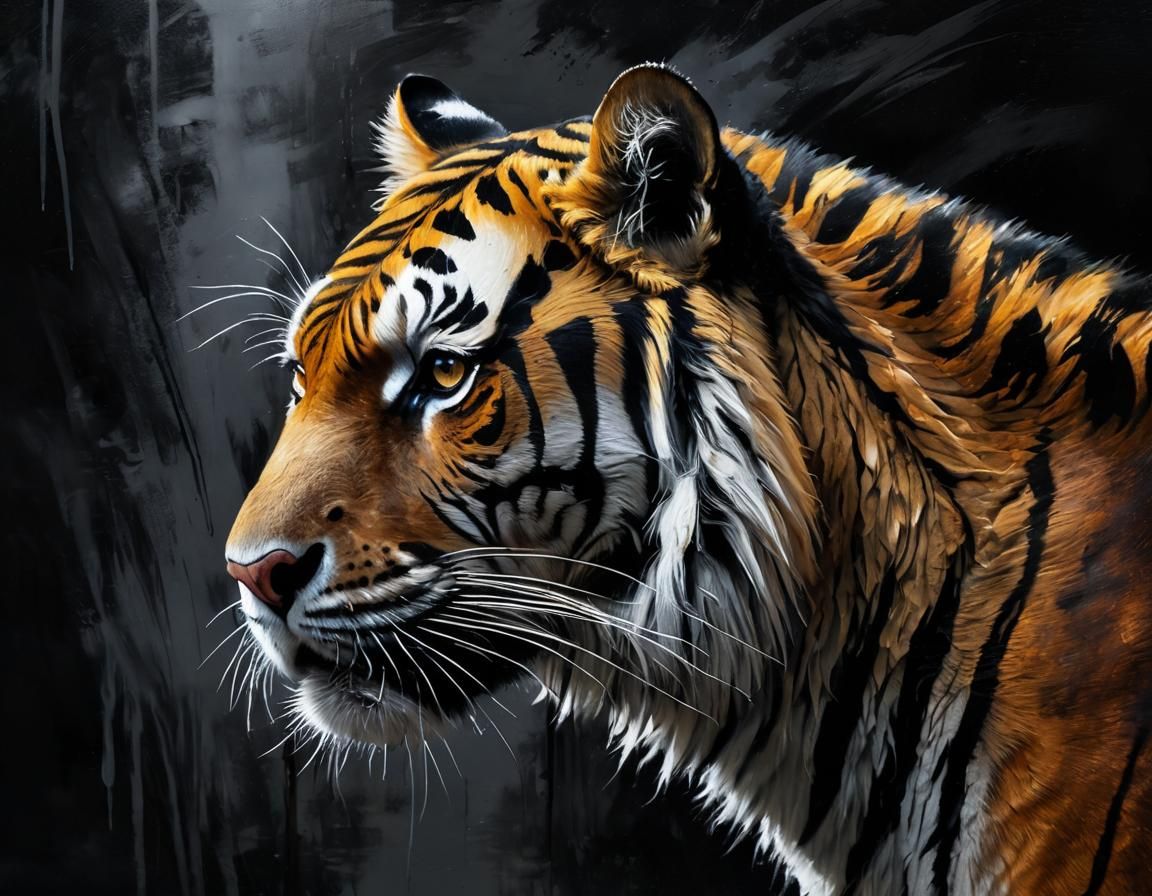 Grunge Style Tiger Painting with Silver Highlights
