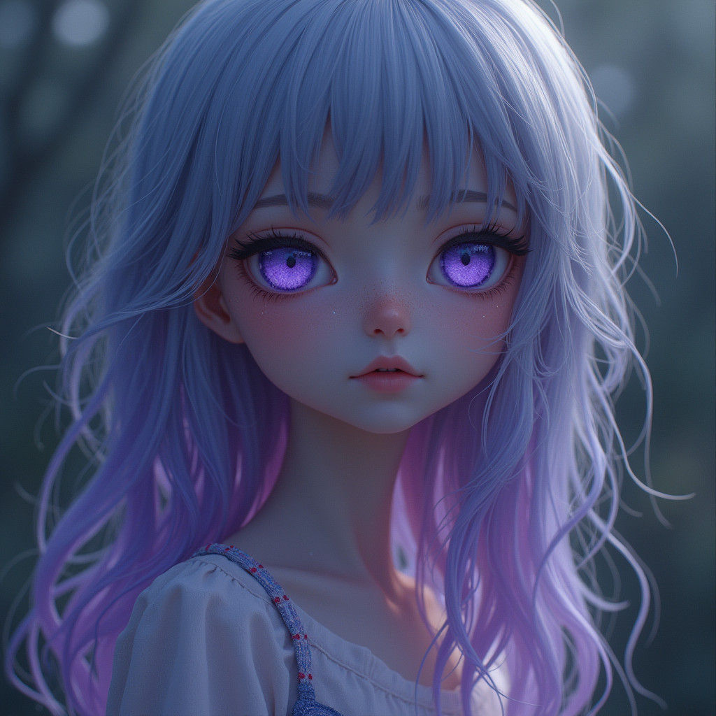 Ethereal Girl with Violet Eyes and Flowing Hair