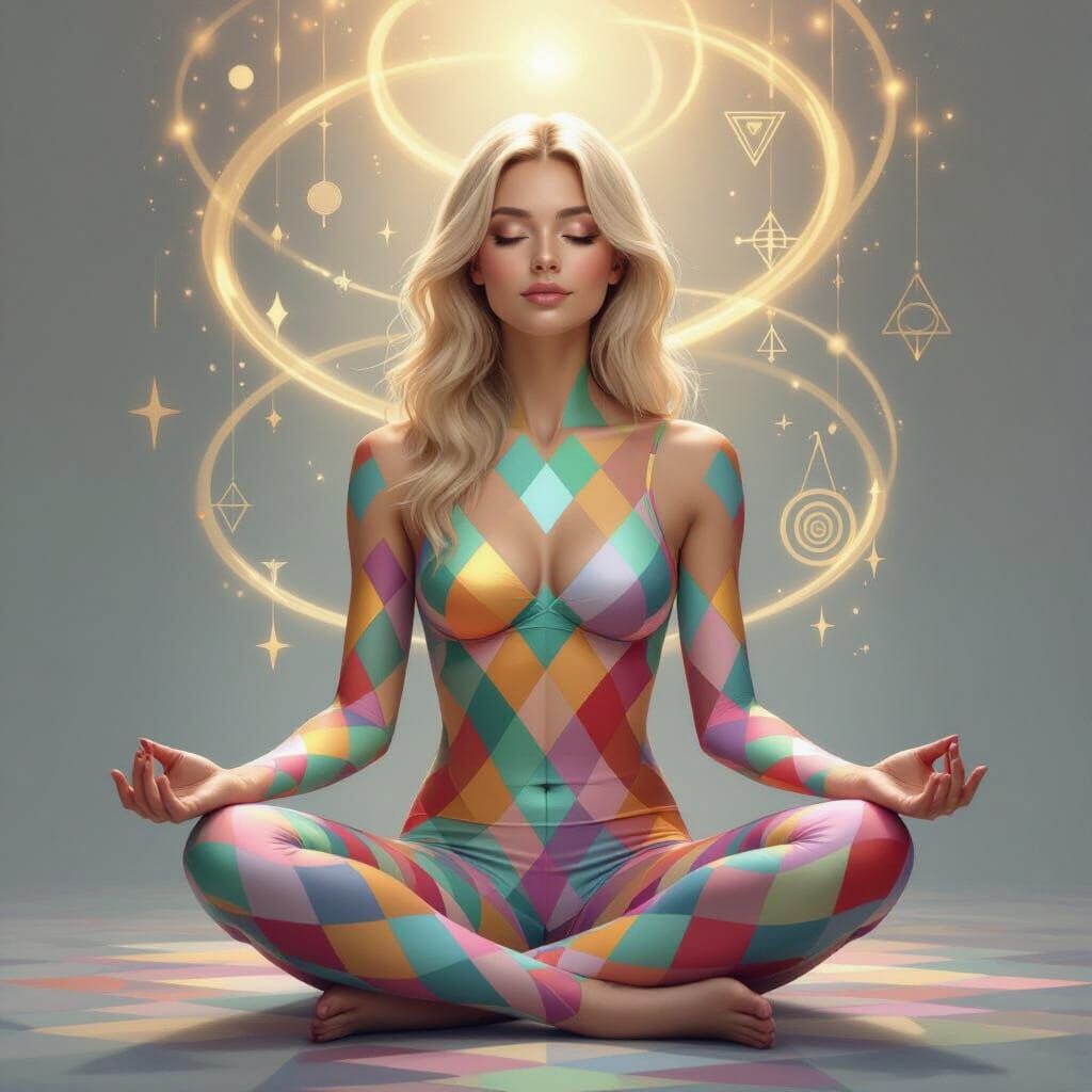 Meditating Woman with Harlequin Diamond Skin in Dreamlike Sp...