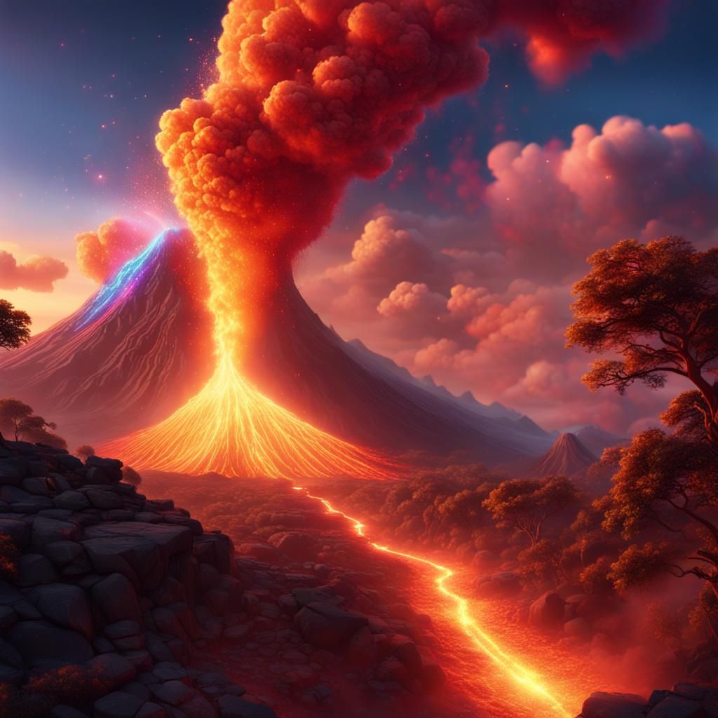Rainbow Cats Erupting from Volcano: Fantasy Concept Art