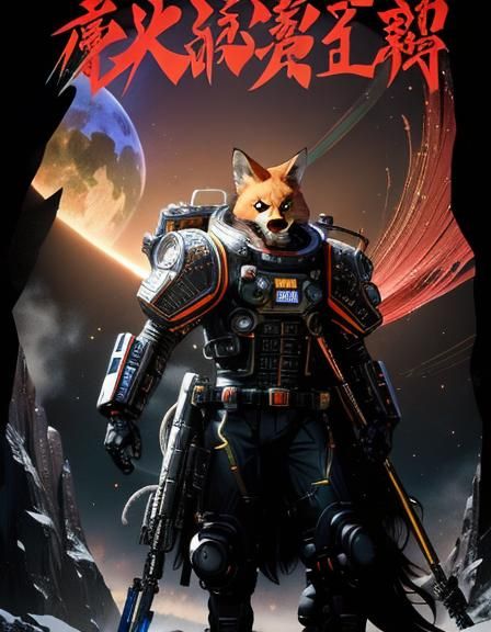 Fox Astronaut on the Moon in Anime Sci-Fi Style