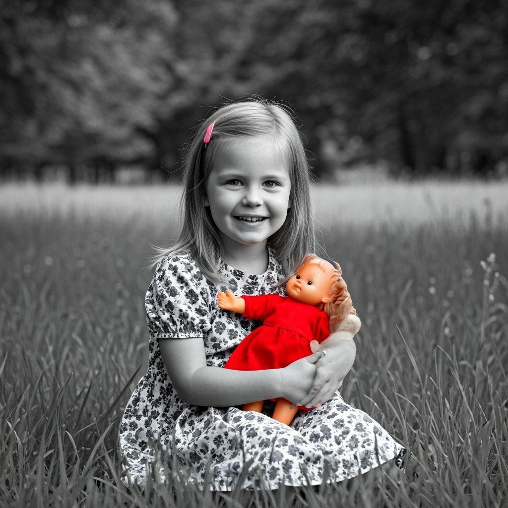 Grayscale Portrait of Girl with Doll in Meadow
