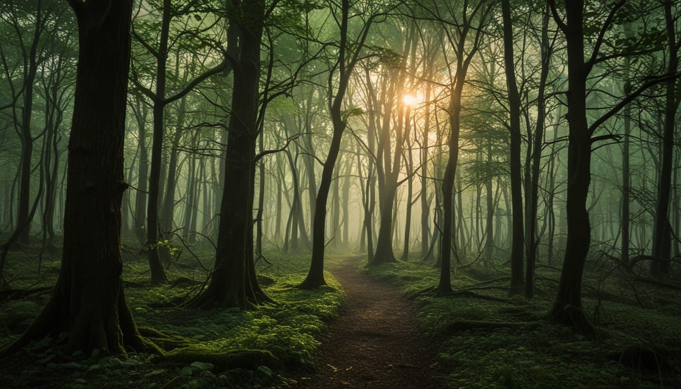 Mystical Forest Sunset in a Haunting Green Haze