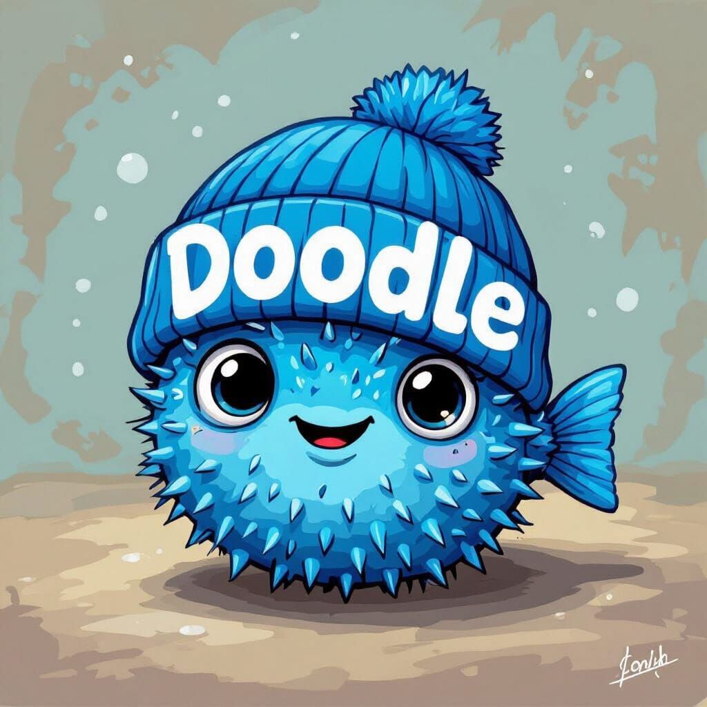 Blue Puffer Fish with Doodle Beanie