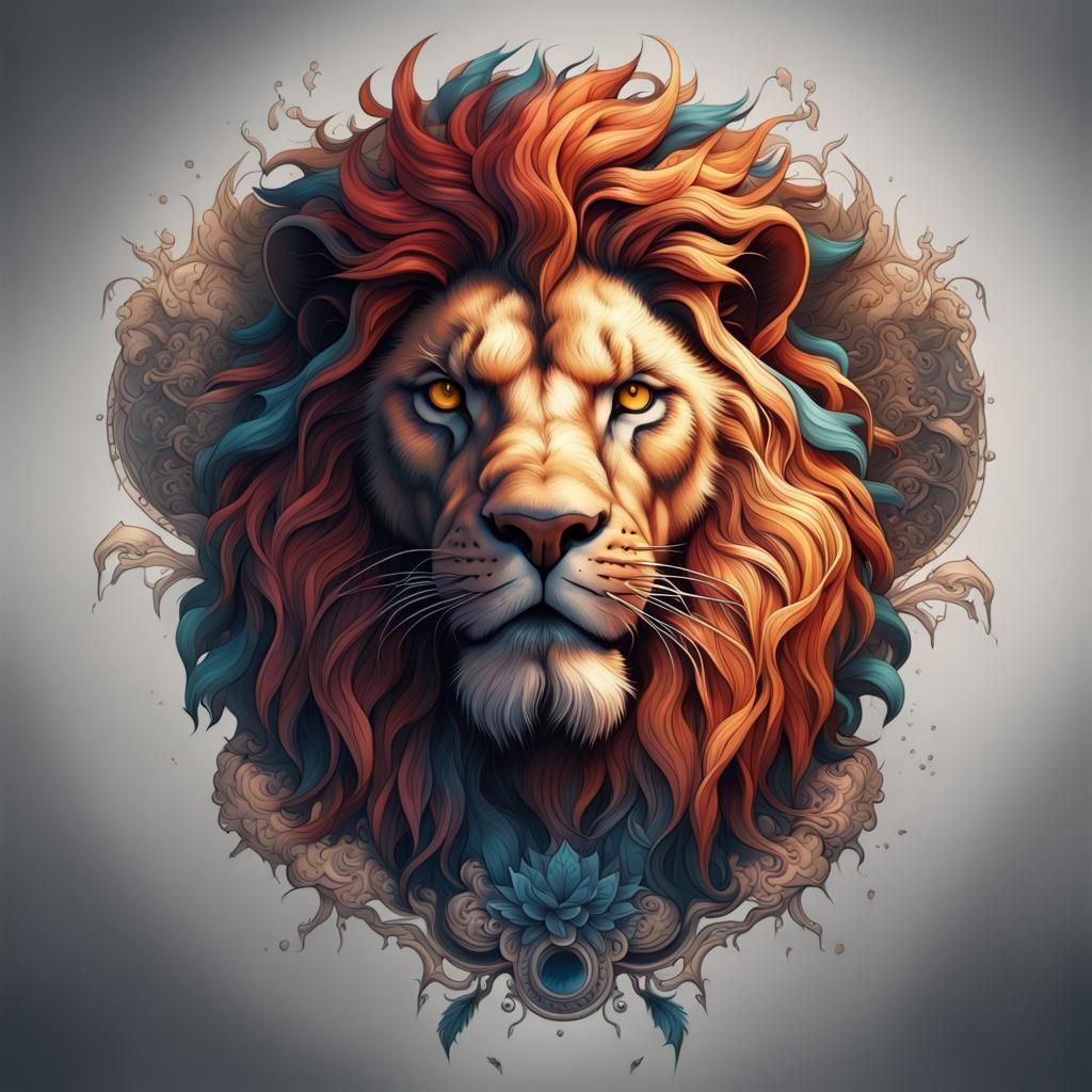 Detailed Lion Tattoo Design in Deep Color