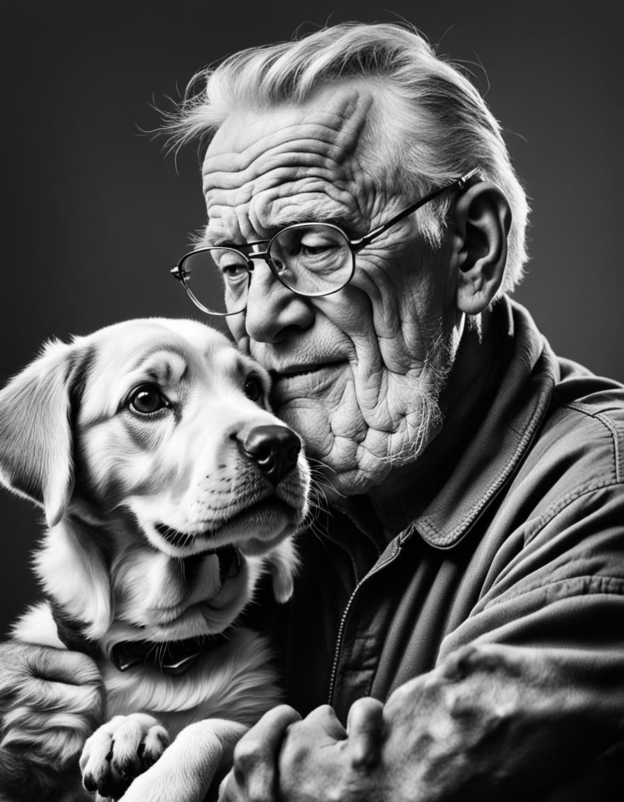 Happy Old Man Licked by Puppy, Hyperrealistic Portrait