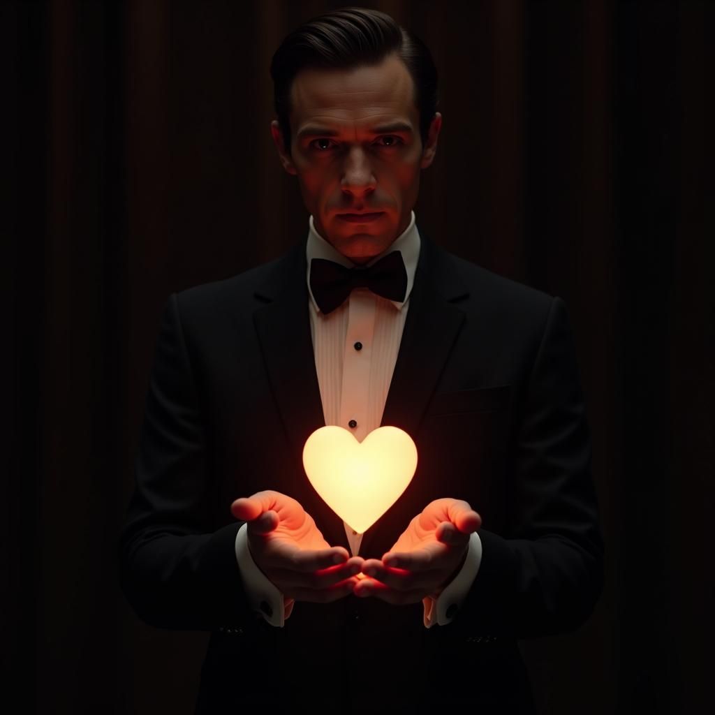 Man Holds Radiant Heart in Cinematic Style