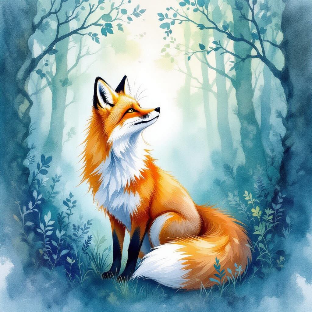 Nine-Tailed Fox in Mystical Forest, Whimsical Watercolor Sty...