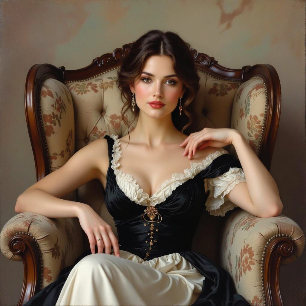 Serene Woman Posing in Armchair, Pre-Raphaelite Style