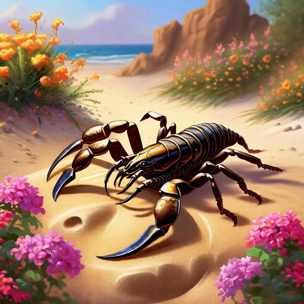 Scorpion in Floral Landscape: Detailed Matte Painting