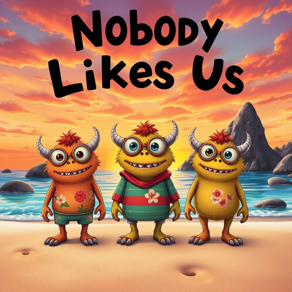 Friendly Monsters Embody Whimsical Beach Scene in Vibrant Su...