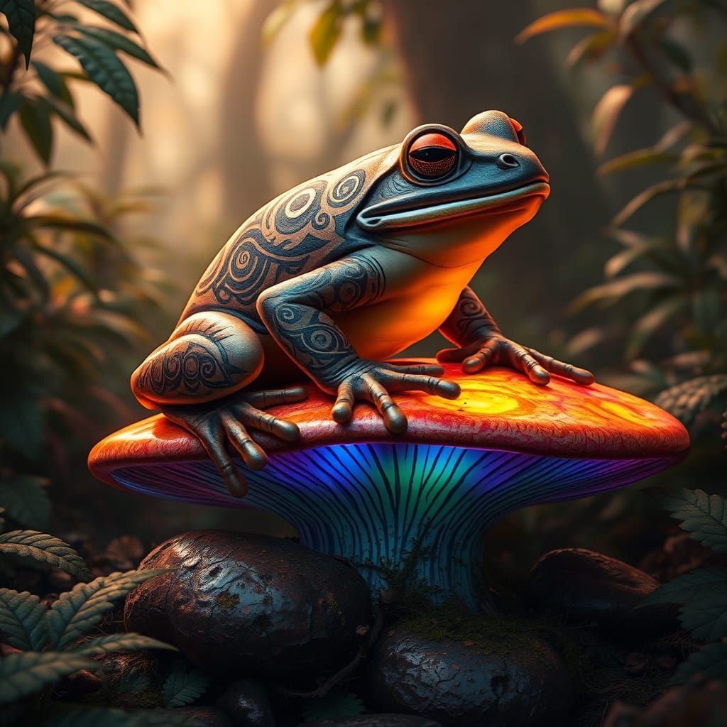 Mystical Tribal Frog on Mushroom, Fantasy Concept Art