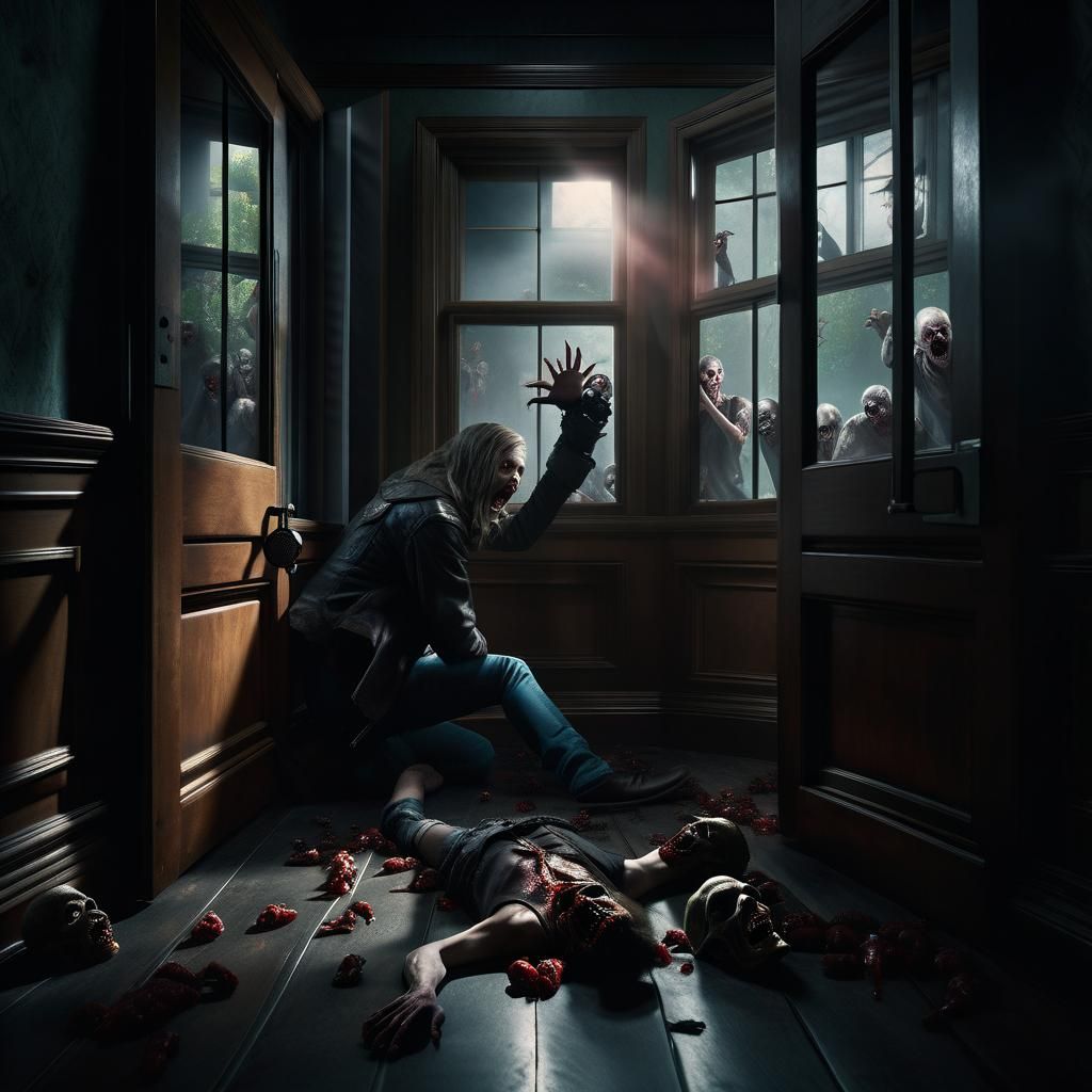 Trapped Person Surrounded by Zombies: Photorealistic Detail
