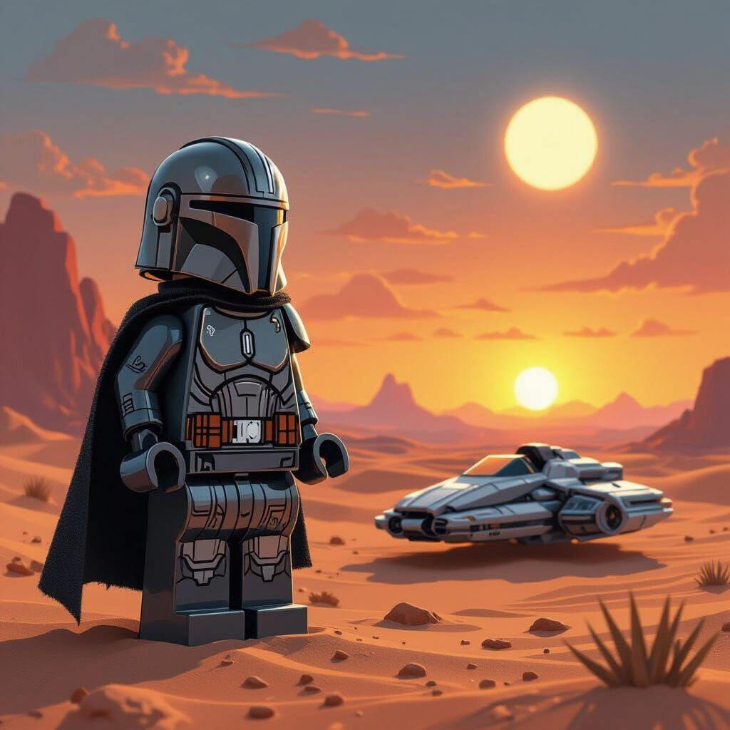 LEGO Warrior on Arid Planet at Sunset