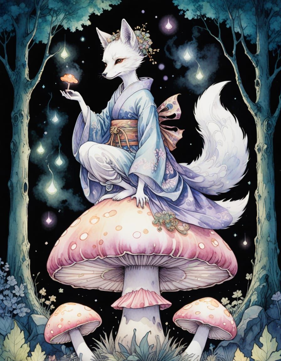 Fox Spirit on Mushroom in Bioluminescent Forest