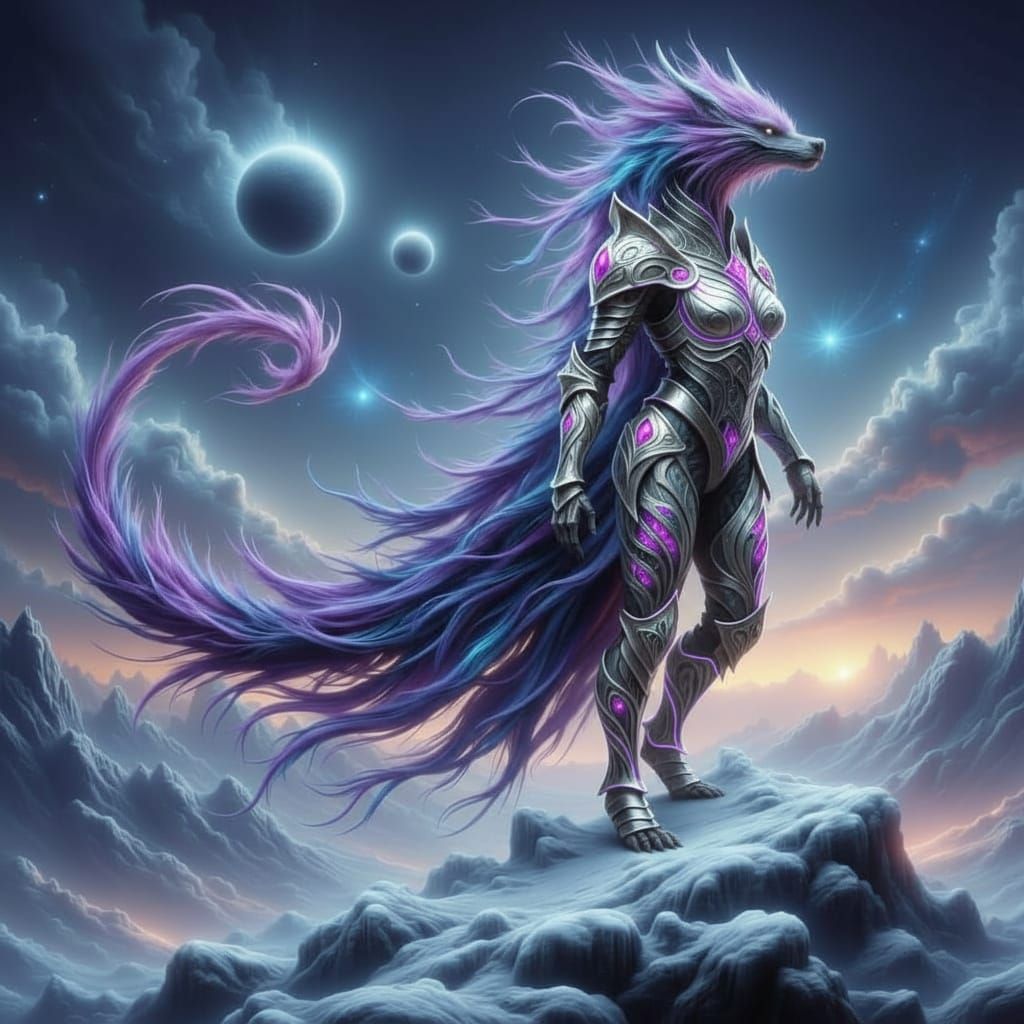 Dragon-Human Warrior in Cyberpunk Armor