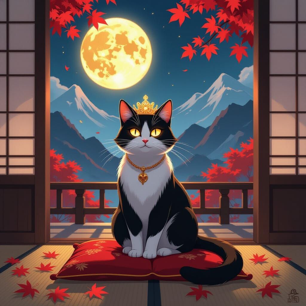 Noble Cat with Floating Ember Crown in Heian Kyoto