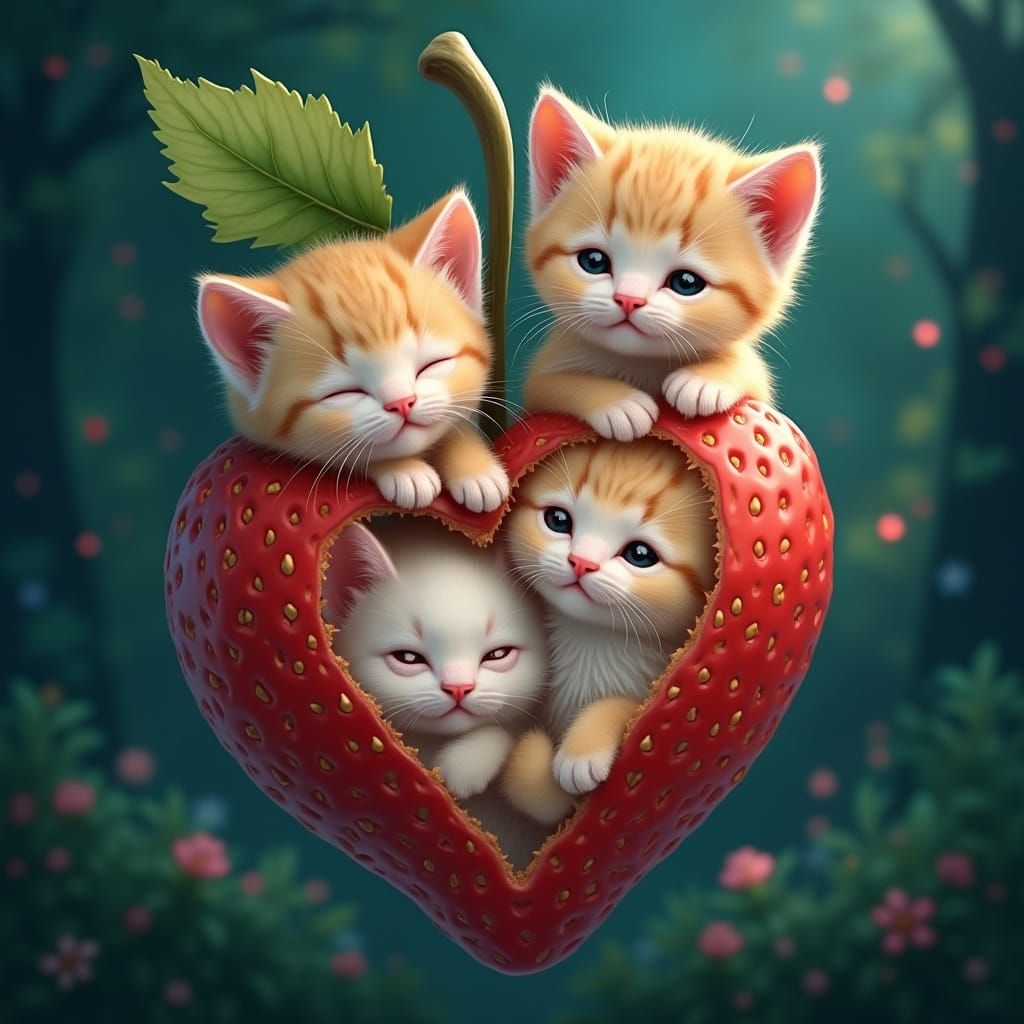 Whimsical Kitten Faces Entwined in Strawberry Pear Shape