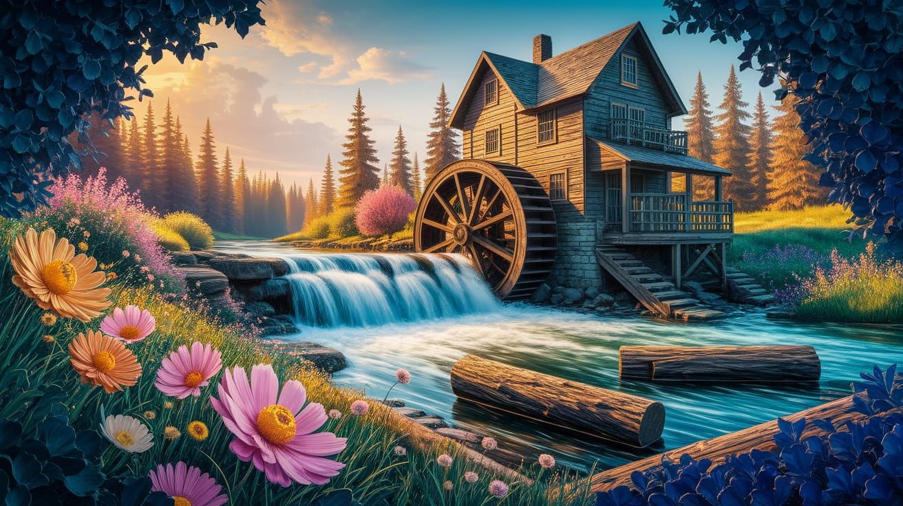 Vibrant River Landscape with Spinning Water Wheel and Bloomi...