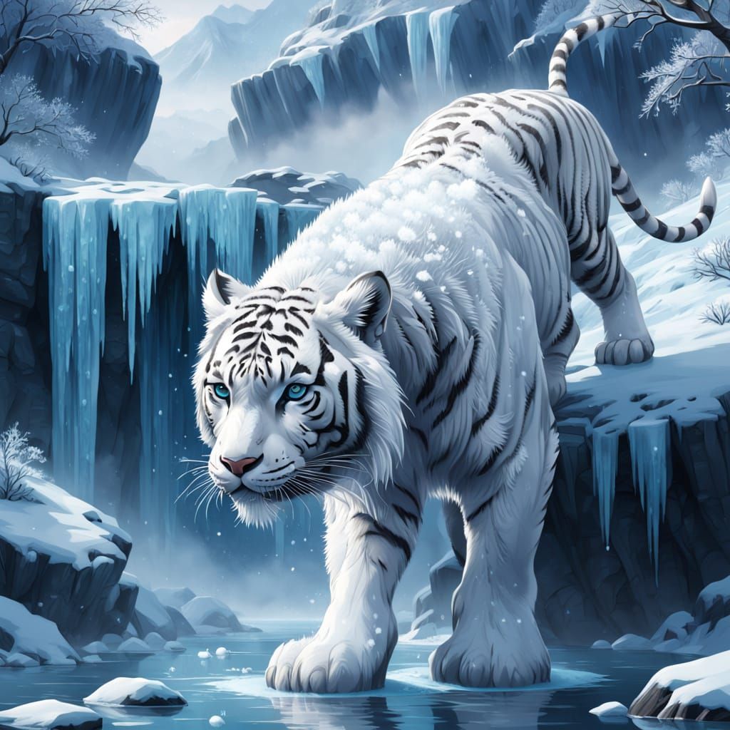 Majestic White Tiger in Ancient Icy Armor, Bipedal in Frosty...