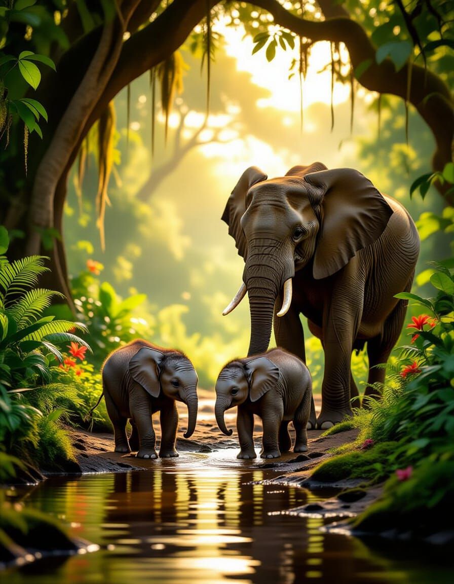 Elephant Family in Lush Jungle at Golden Hour