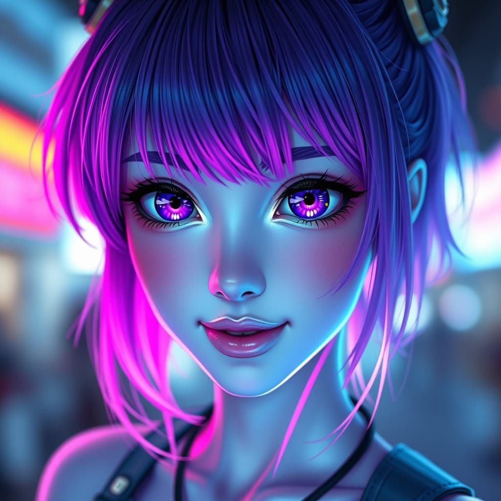 Cyberpunk Anime Girl in Holographic Skin, Close-Up Portrait ...