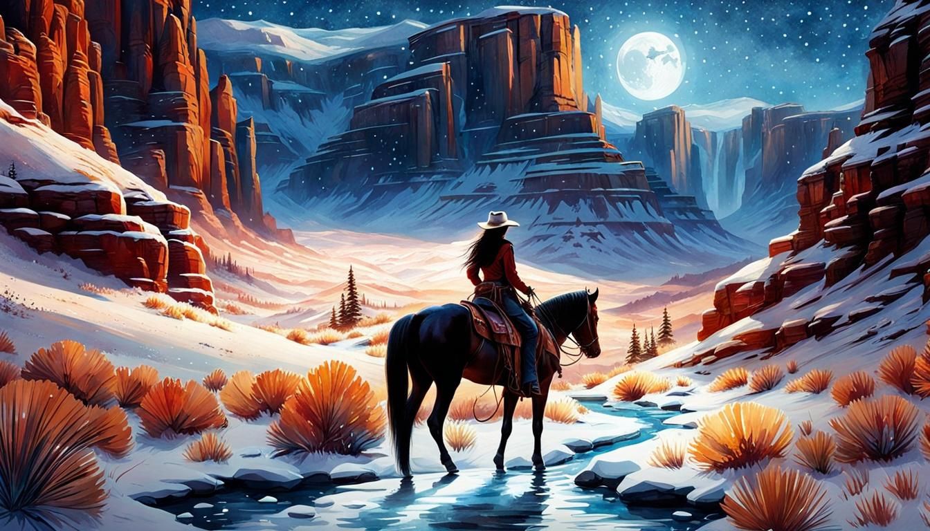 Cowgirl in Snowy Desert Canyon Watercolor Painting