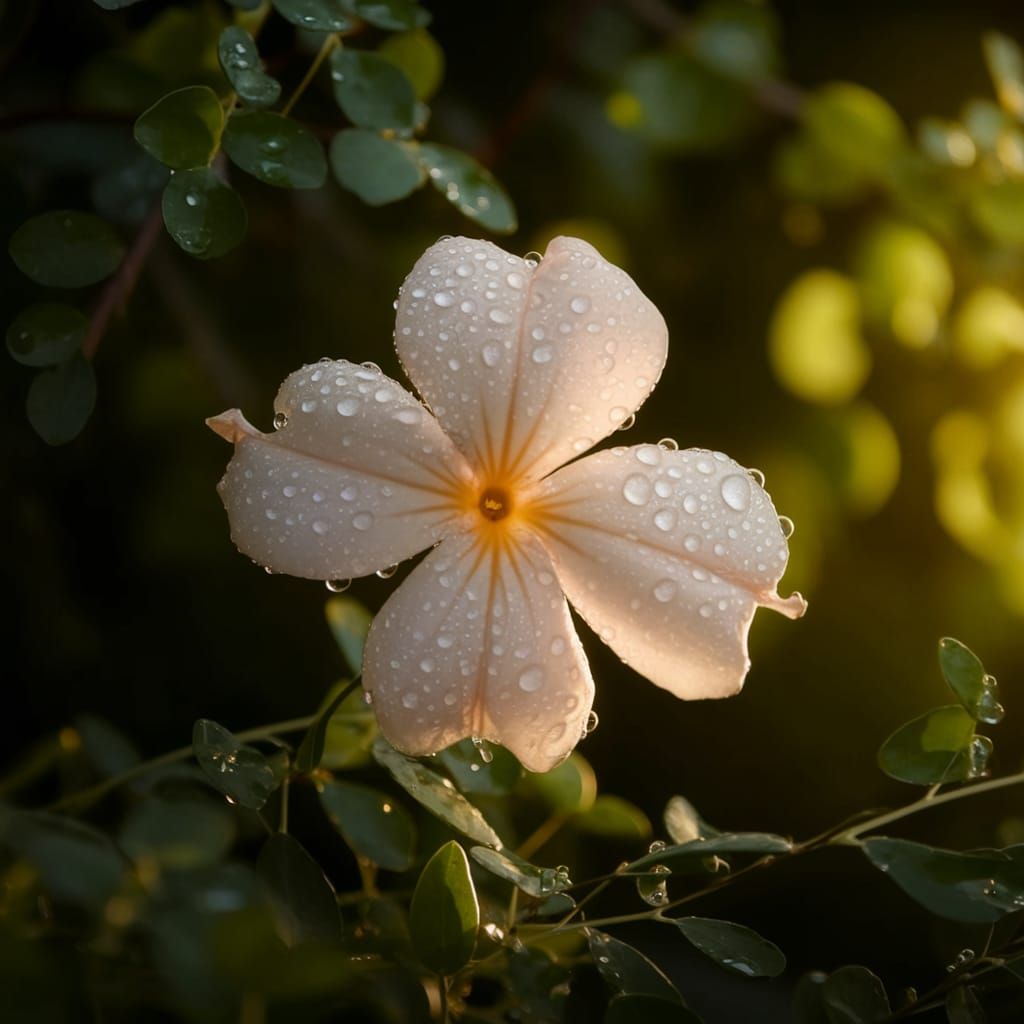 Delicate Flower with Water Droplets in Morning Sunlight