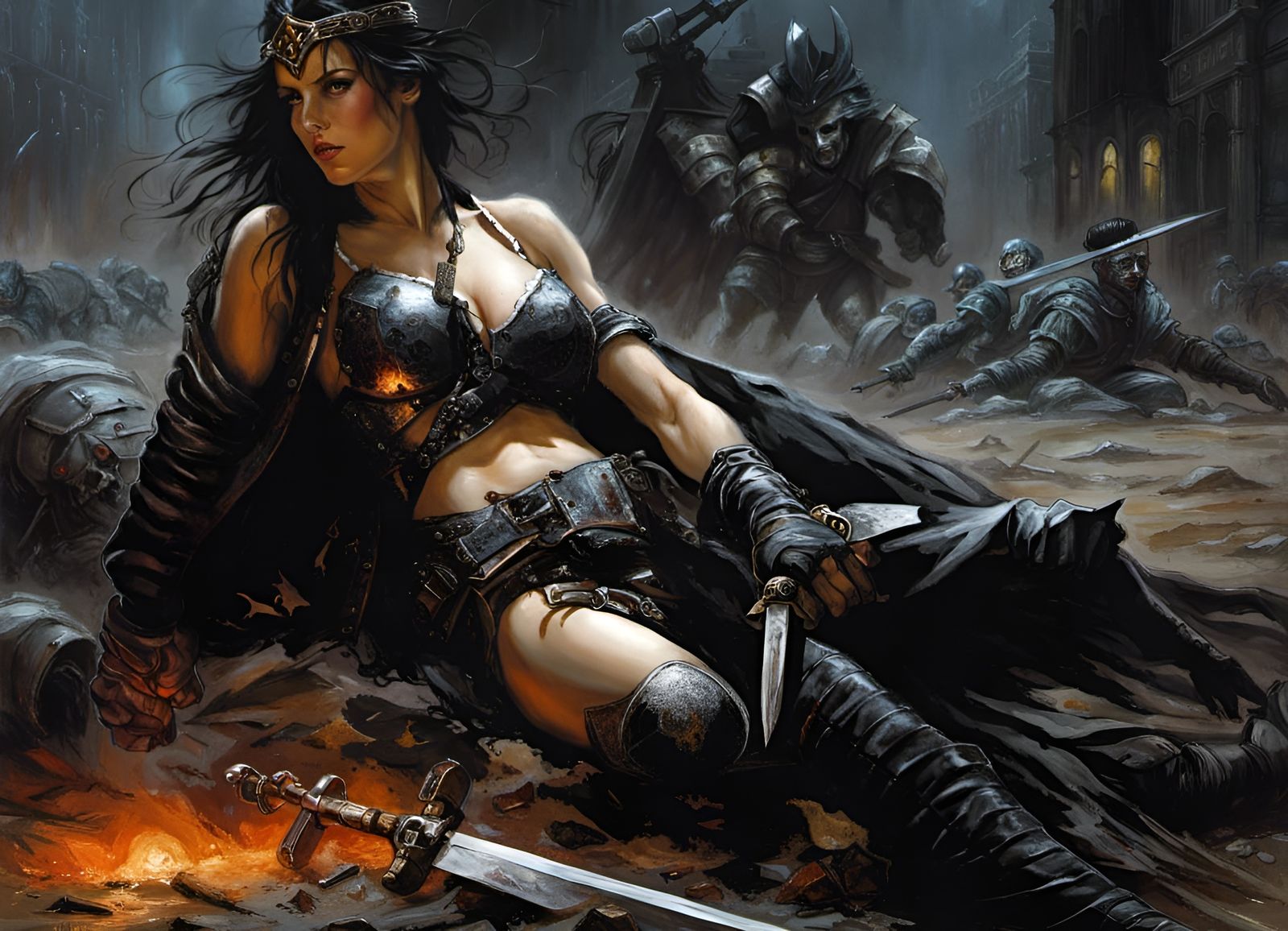 Wounded Adventuress in Dark Fantasy Style