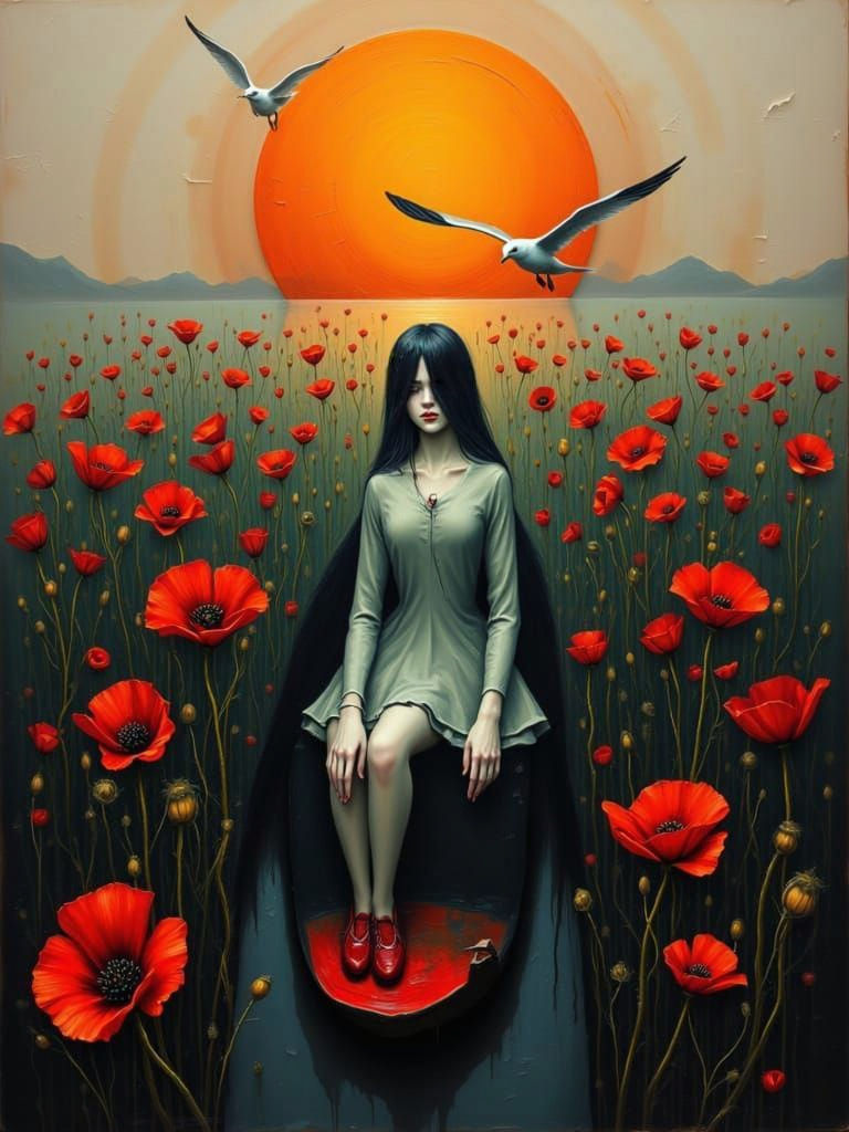 Ethereal Boat Carries Soul Through Moody Sunset Poppies