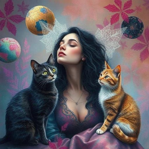 Cozy Portrait of Woman with Cats in Digital Painting Style