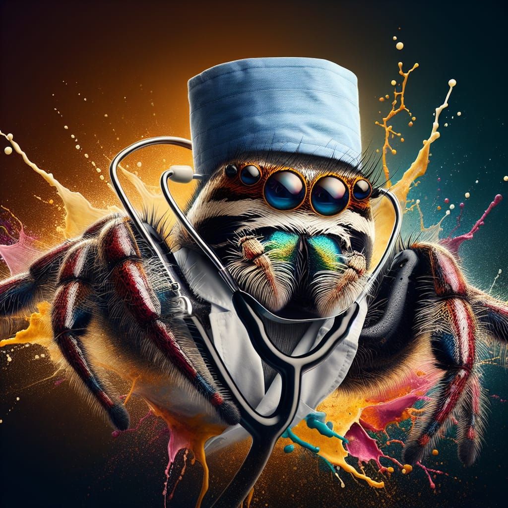 Hyperrealistic Jumping Spider Doctor in Splash Art Style