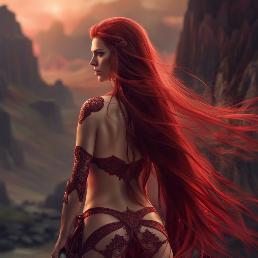 Rear View Model with Red Hair in Detailed Matte Painting