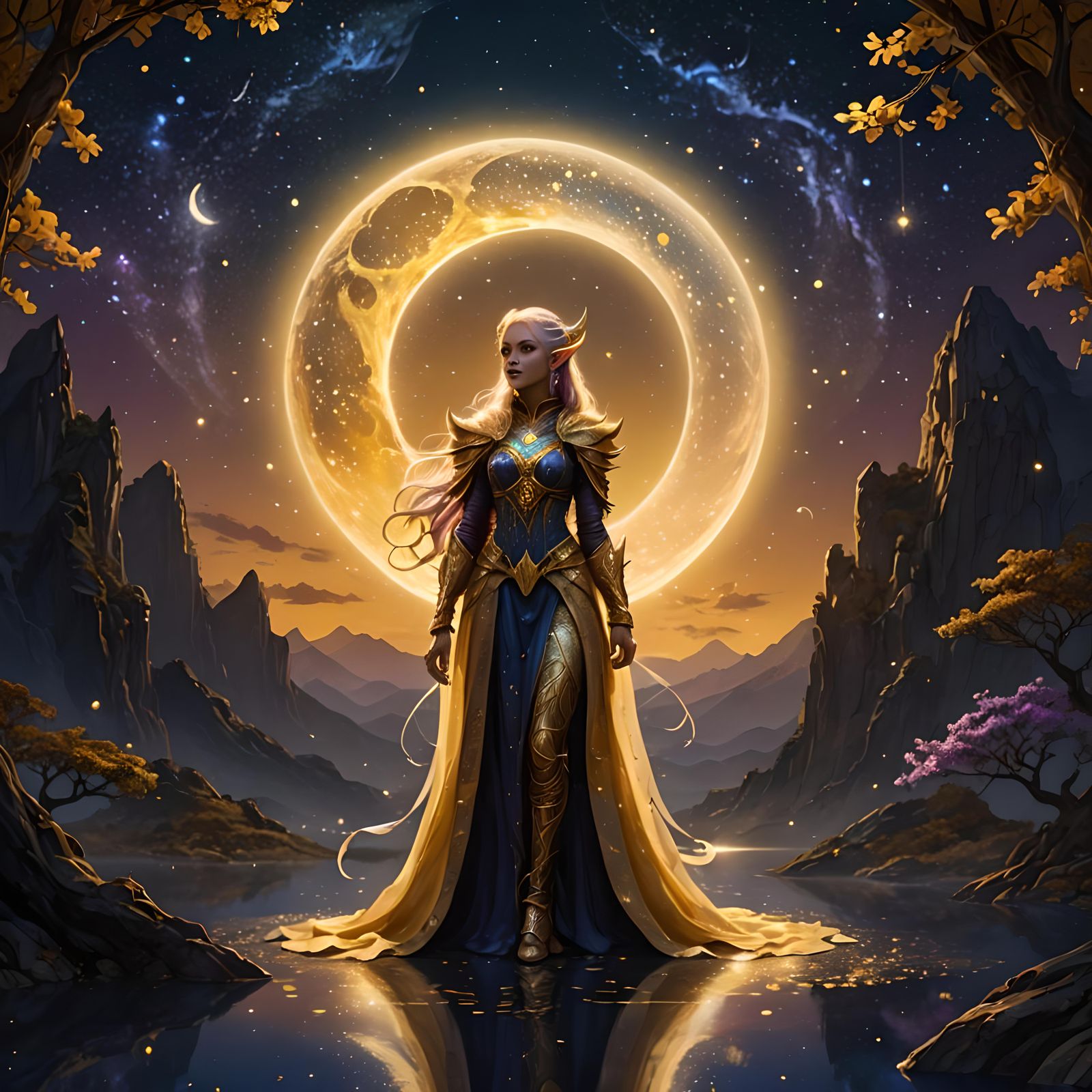 Melancholic Moon Elf on Bioluminescent Crescent Moon