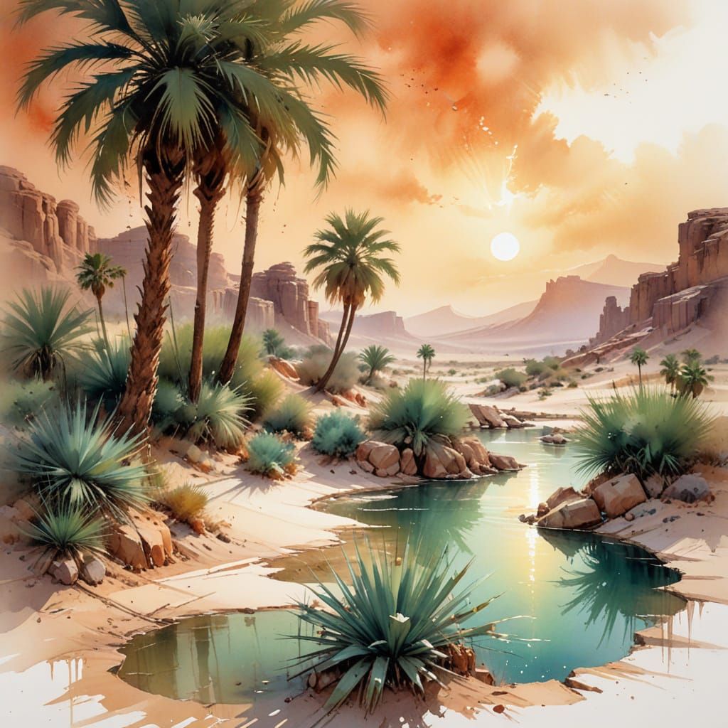 Desert Oasis: A Surreal Watercolor Landscape