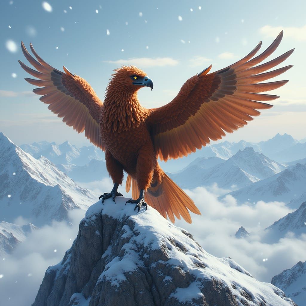 Majestic Copper Griffin on Snowy Peak Over Clouds