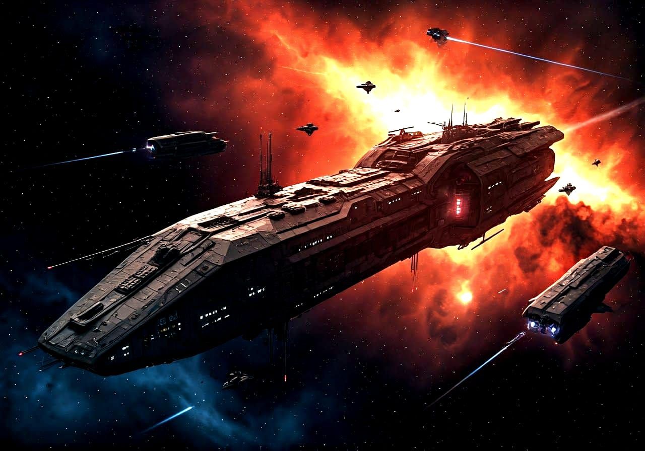 Cosmic Starship in Fiery Nebula