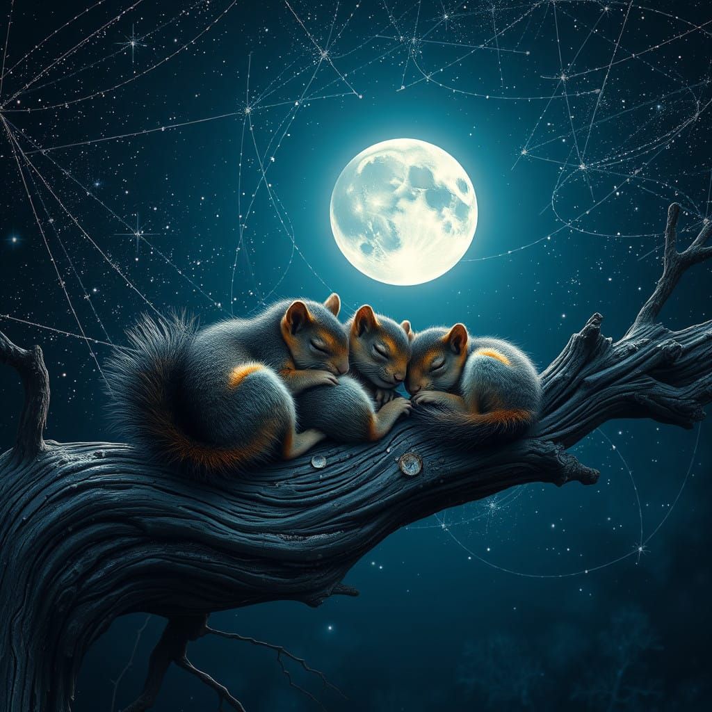 Majestic Nocturnal Scene of Adorable Baby Squirrels in Starr...