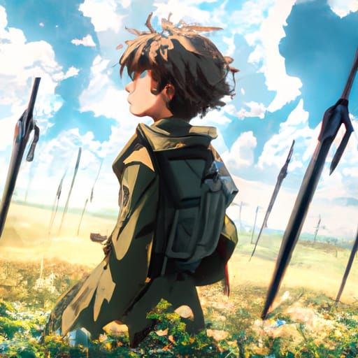 Anime Boy Sniper in Field, Ghibli Style
