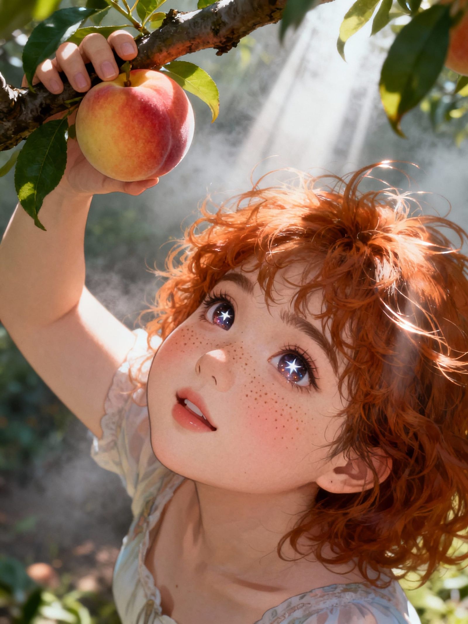 Adorable Woman Reaching for Peach in Ethereal Manwha Style