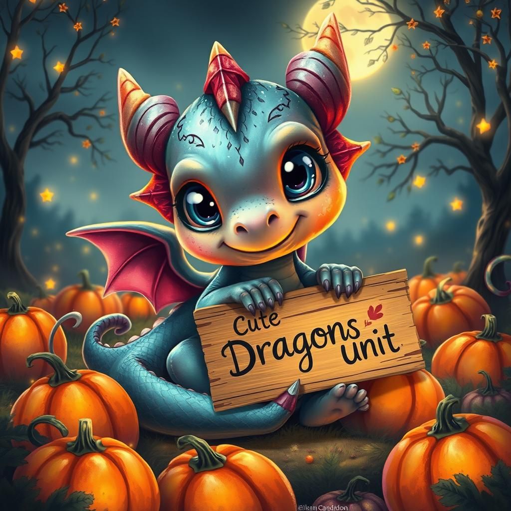 Enchanting Baby Dragon with Pumpkins Digital Illustration
