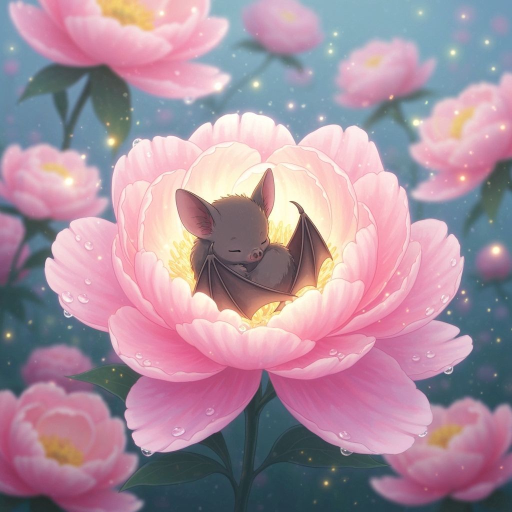 Baby Bat Sleeps in Giant Peony Petals, Magical Garden