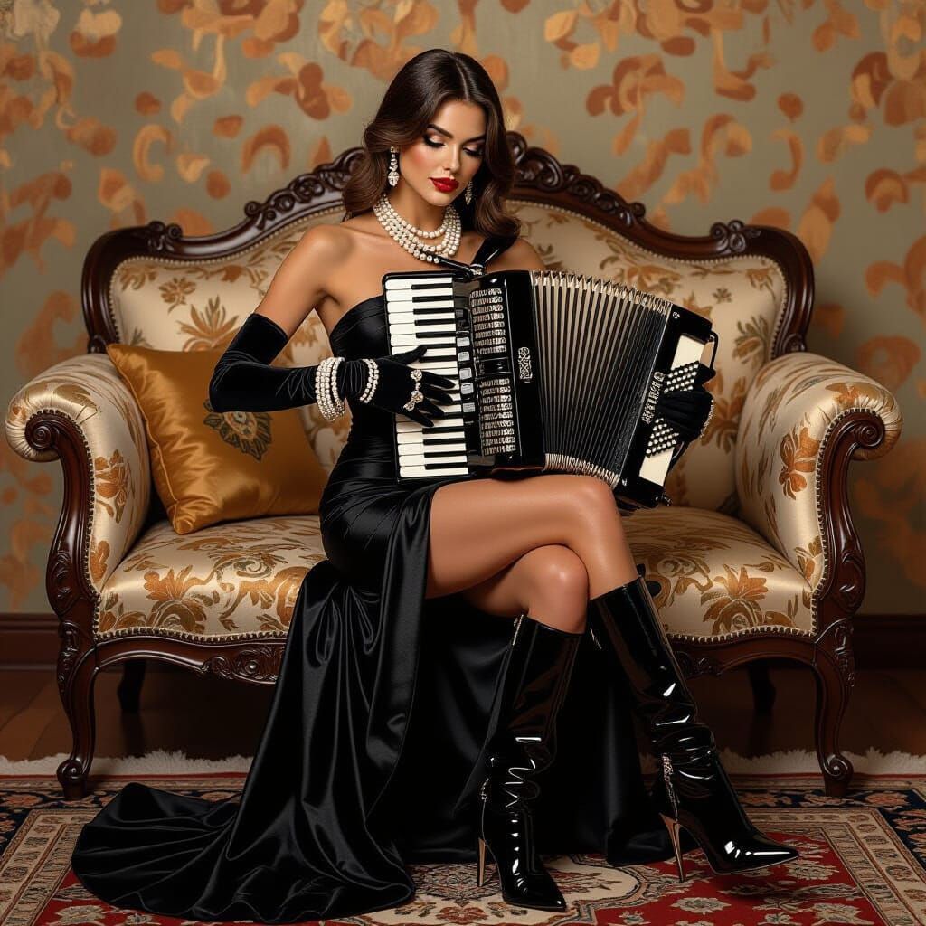 Brunette Woman Playing Accordion in Art Nouveau Style