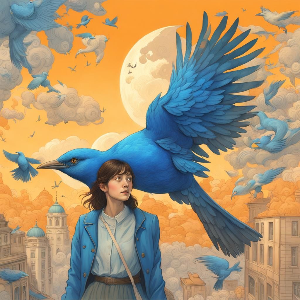 Woman and Giant Blue Bird in Dreamlike Anime Art