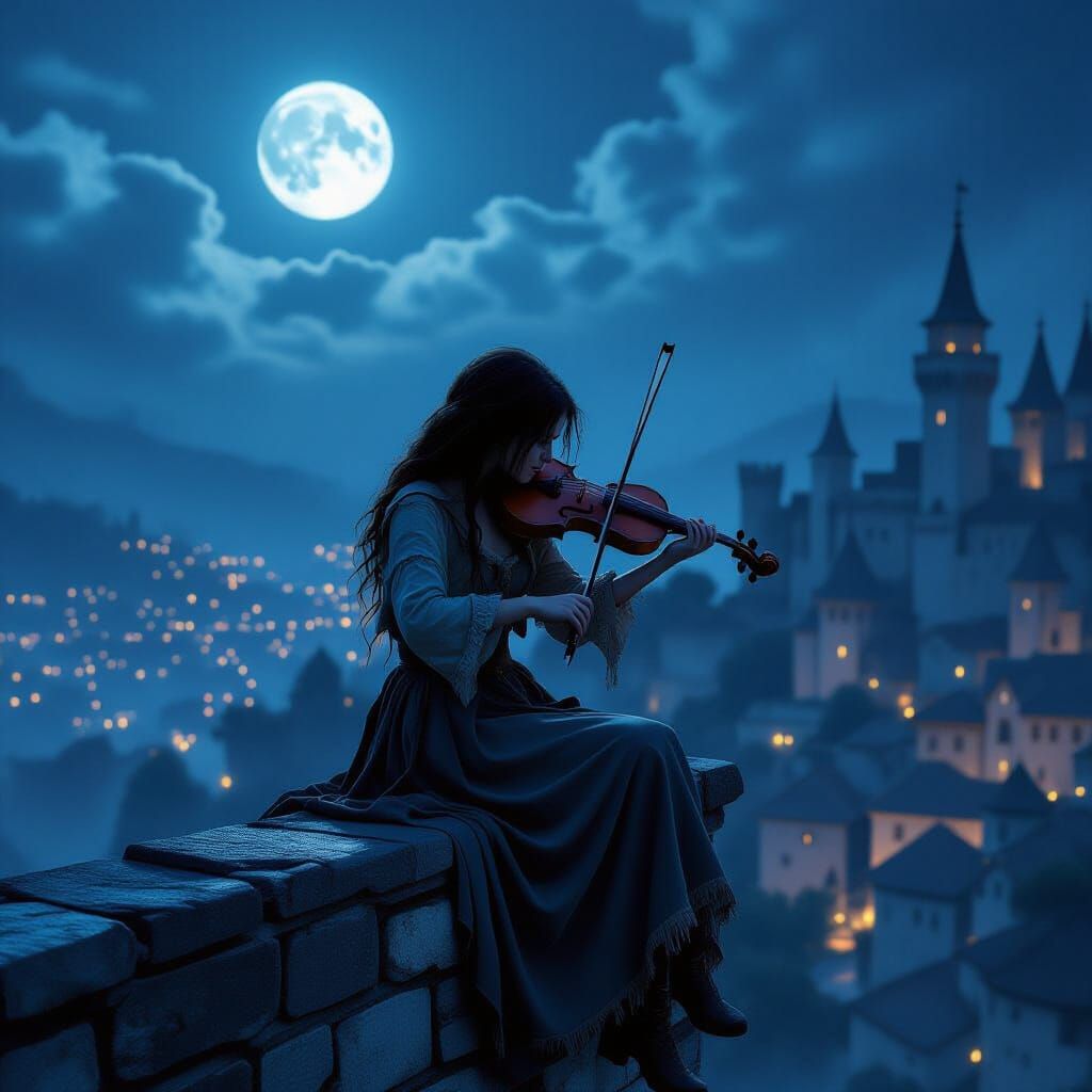 Girl Plays Violin Under Moonlight: Matte Painting