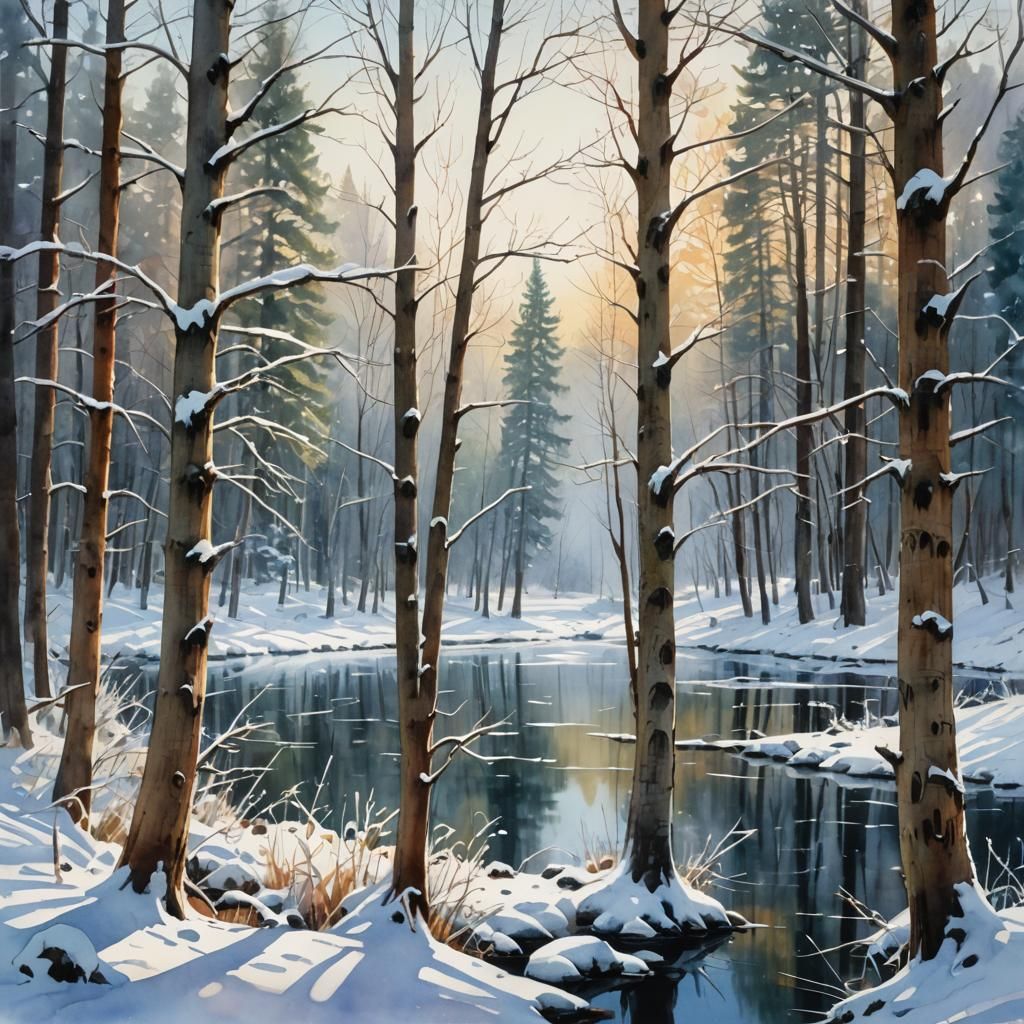 Serene Winter Forest Landscape in Painterly Watercolor