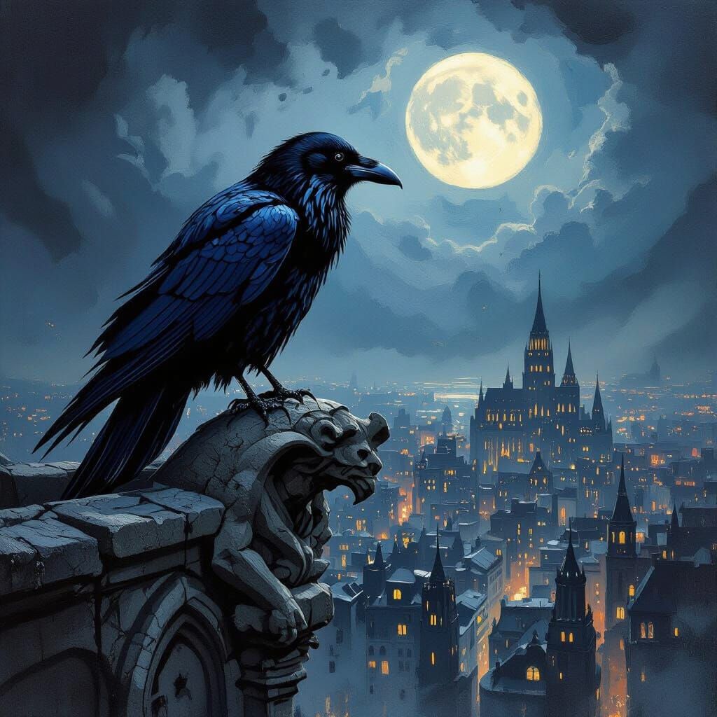 Monstrous Raven on Gargoyle in Stormy Cityscape