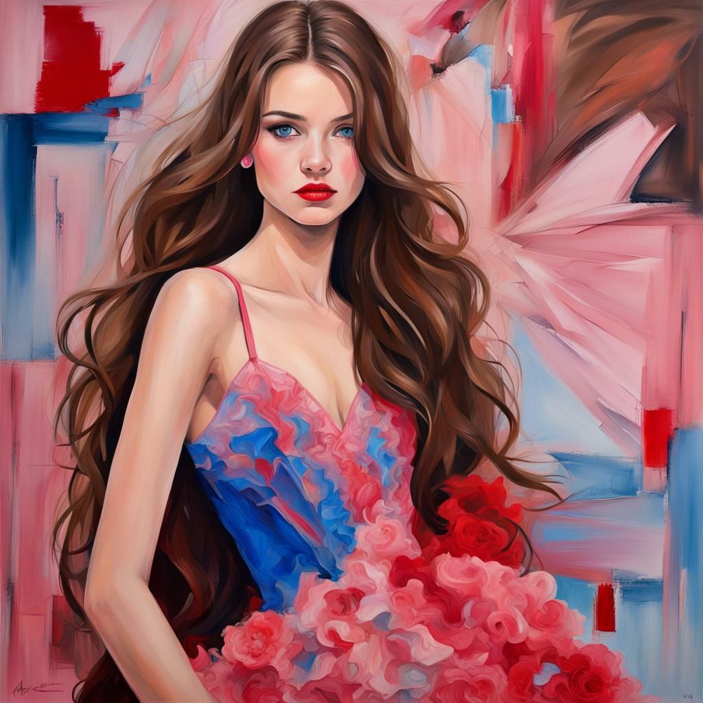 Portrait of Girl in Red Gown, Abstract Art